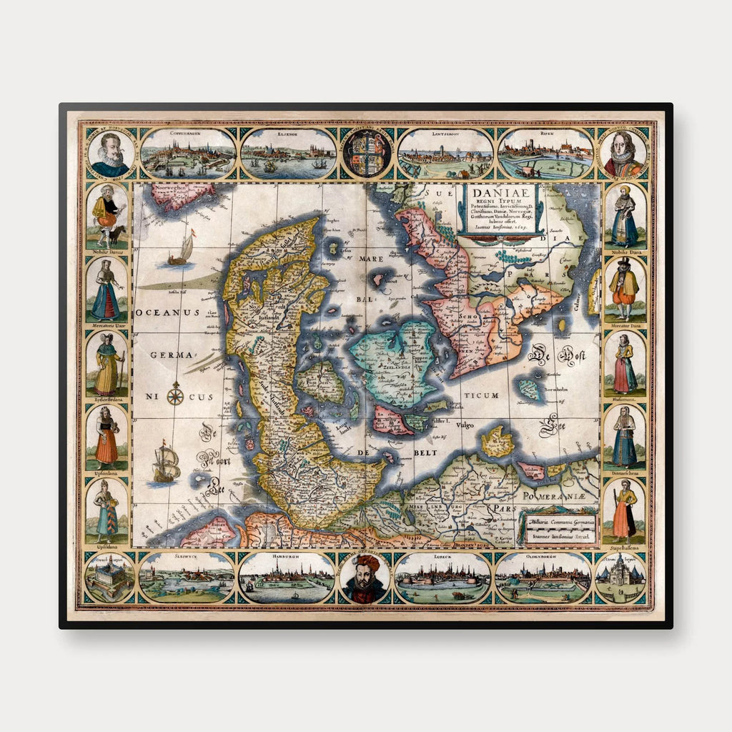 Danmark 1629 - Janssonius' kort med billedfrise - 70×60 cm – billede 1