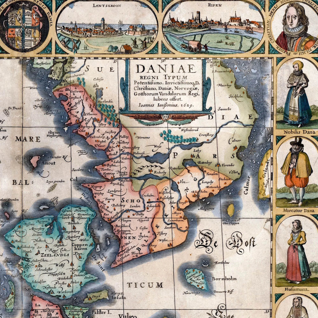 Danmark 1629 - Janssonius' kort med billedfrise - 70×60 cm – billede 4