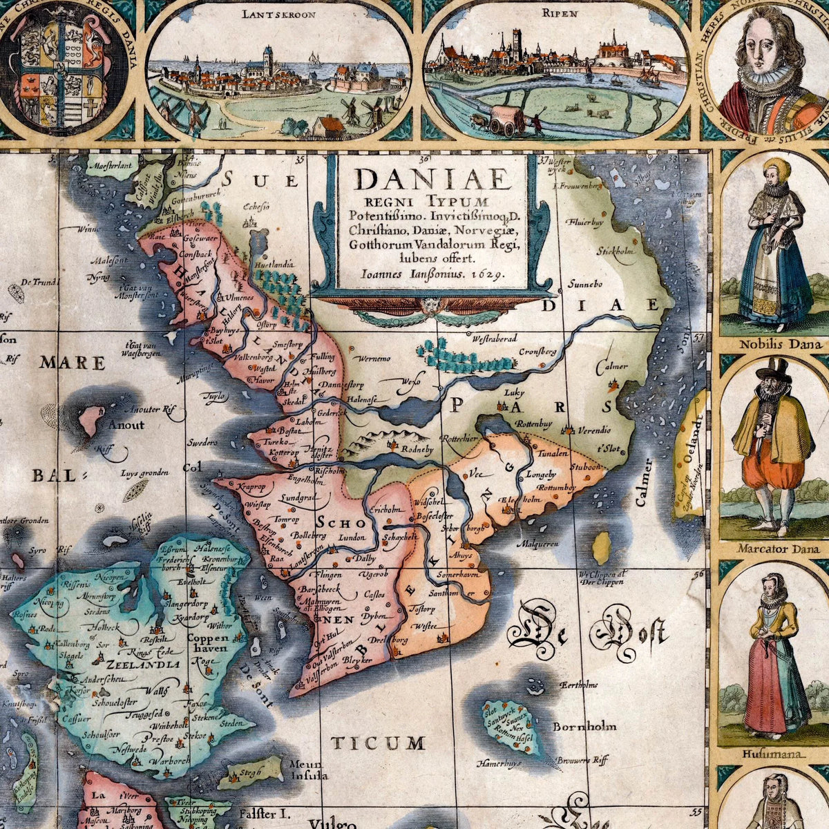 Danmark 1629 - Janssonius' kort med billedfrise - 70×60 cm – billede 4