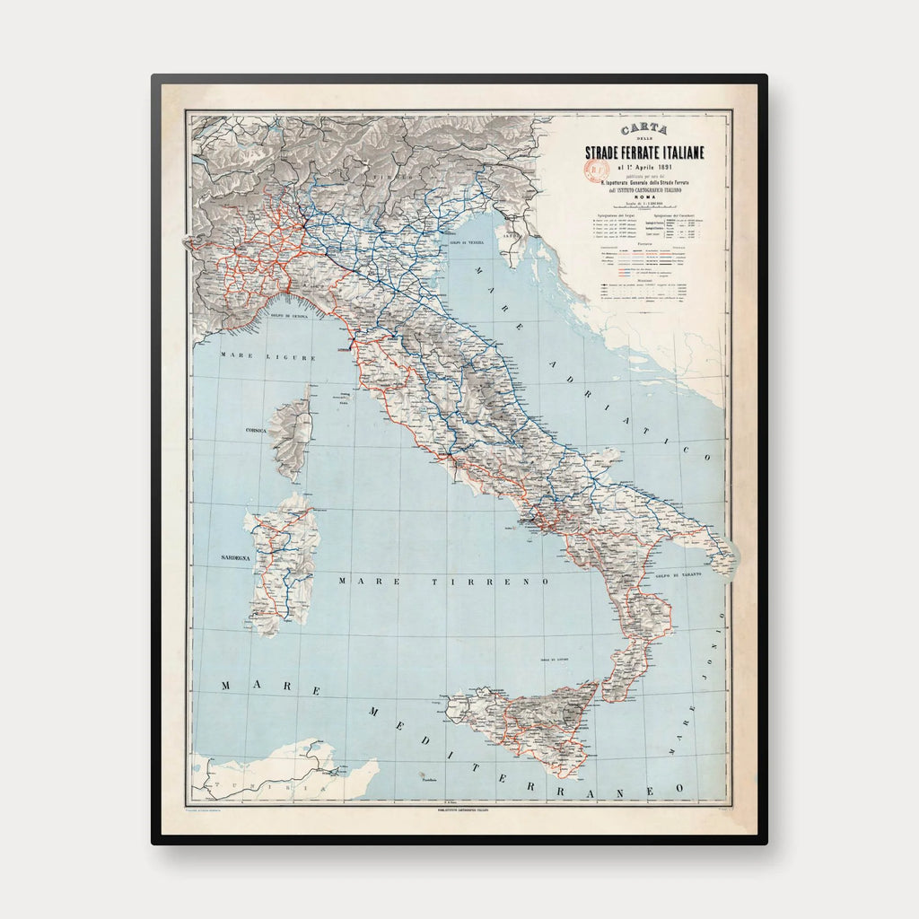 Italien 1891 - Historisk jernbanekort - 80×100 cm – billede 1