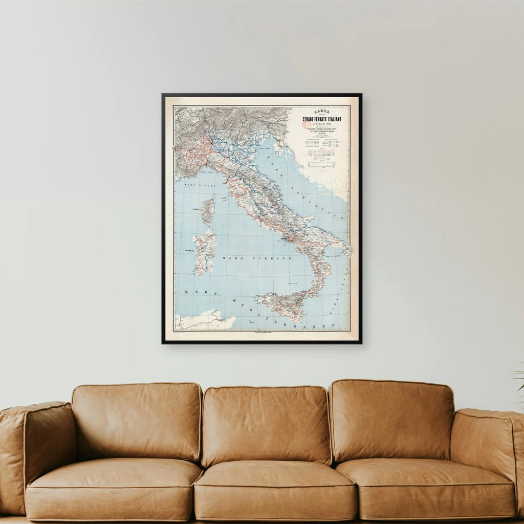 Italien 1891 - Historisk jernbanekort - 80×100 cm – billede 2