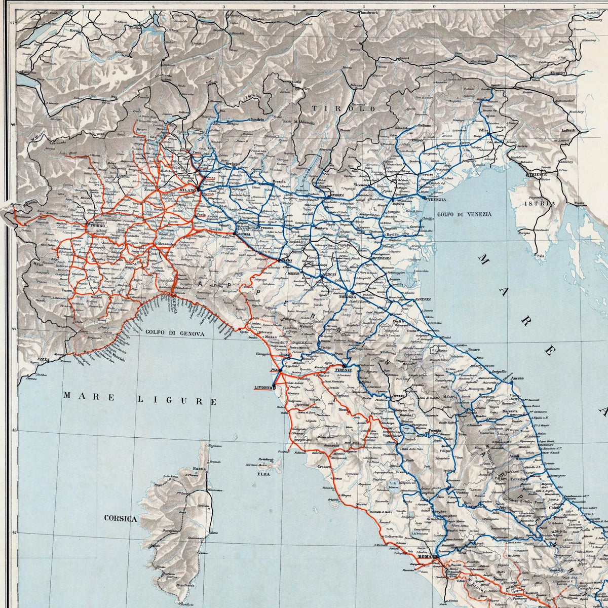 Italien 1891 - Historisk jernbanekort - 80×100 cm – billede 4
