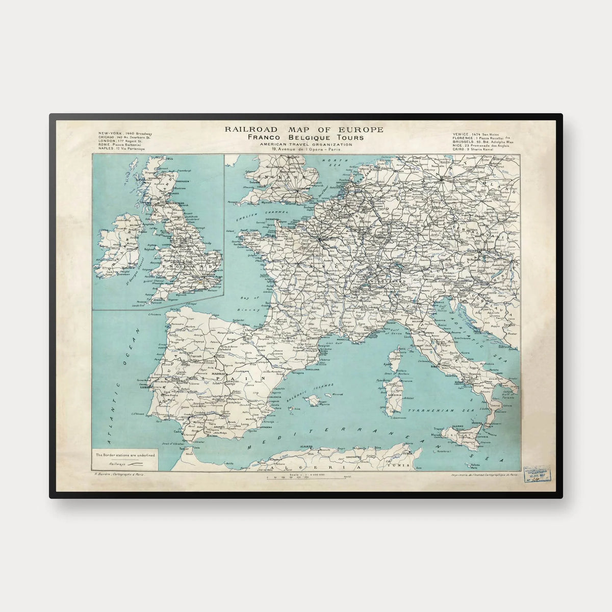Europa - Historisk jernbanekort for Franco Belgique Tours - 100×75 cm – billede 1