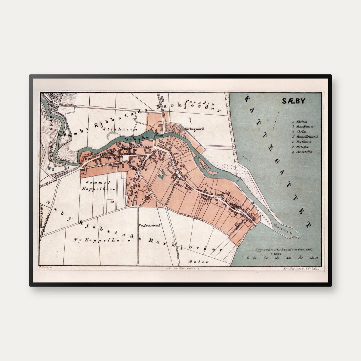 Sæby 1875 - Historisk bykort – billede 1