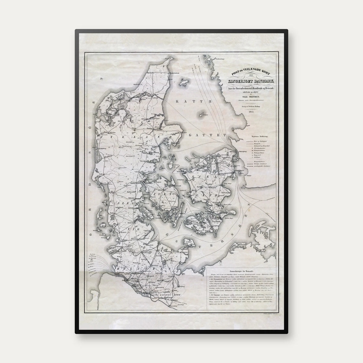Post- og Vejlængdekort over Danmark 1845 - Kommunikation – billede 1